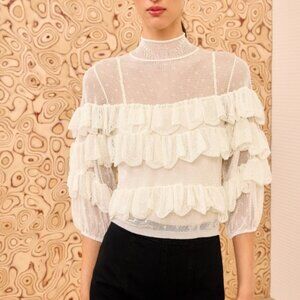 NWT ULLA JOHNSON Corinna Tiered Ruffle Red Knitted Lace Top in Cowrie S $690